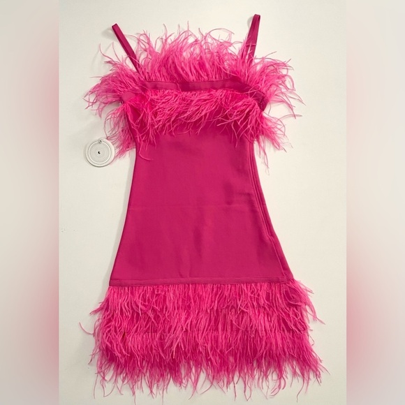 STAUD Etta Dress Feather Trim Stretch Knit Mini Bright Pink Party Festival XS - Picture 4 of 13